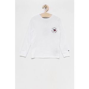 Detská bavlnená košeľa s dlhým rukávom Tommy Hilfiger biela farba, s nášivkou vyobraziť