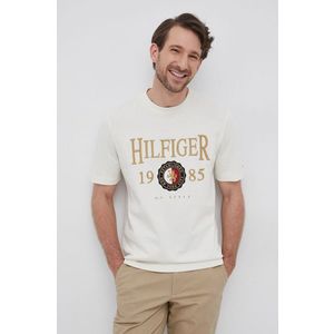Bavlnené tričko Tommy Hilfiger krémová farba, s nášivkou vyobraziť