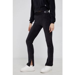 Manšestrové nohavice Calvin Klein Jeans dámske, čierna farba, rovné, vysoký pás vyobraziť