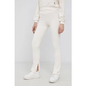 Manšestrové nohavice Calvin Klein Jeans dámske, krémová farba, rovné, vysoký pás vyobraziť