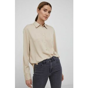 Košeľa Calvin Klein dámska, béžová farba, voľný strih, s klasickým golierom vyobraziť