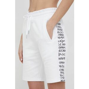 Bavlnené šortky Armani Exchange dámske, biela farba, s nášivkou, stredne vysoký pás vyobraziť