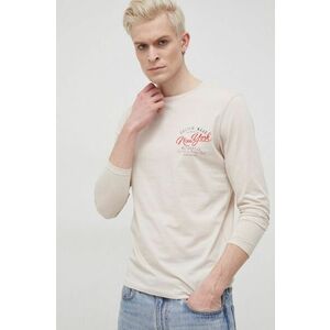 Bavlnené tričko s dlhým rukávom Produkt by Jack & Jones béžová farba, s potlačou vyobraziť
