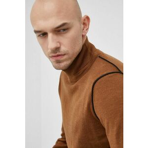 Vlnený sveter Boss pánsky, hnedá farba, ľahký, s polorolákom vyobraziť