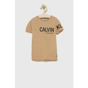 Detské bavlnené tričko Calvin Klein Jeans béžová farba, s potlačou vyobraziť