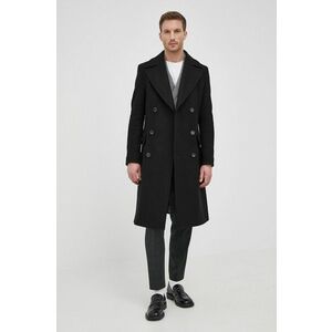 Vlnený kabát Boss čierna farba, prechodný, dvojradový vyobraziť