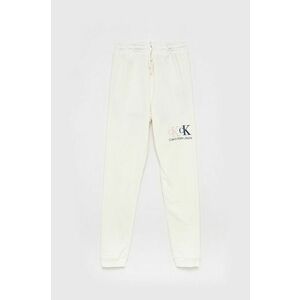 Detské nohavice Calvin Klein Jeans biela farba, s nášivkou vyobraziť