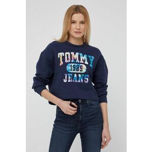 Bavlnená mikina Tommy Jeans dámska, tmavomodrá farba, s potlačou vyobraziť