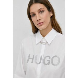 Bavlnená košeľa Hugo dámska, biela farba, voľný strih, s klasickým golierom vyobraziť