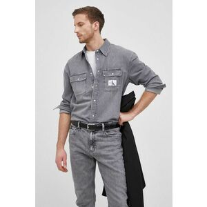 Rifľová košeľa Calvin Klein Jeans pánska, šedá farba, voľný strih, s klasickým golierom vyobraziť