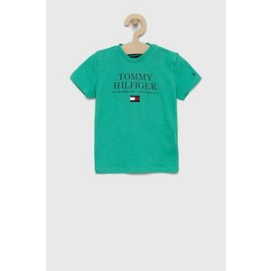 Detské bavlnené tričko Tommy Hilfiger tyrkysová farba, s potlačou vyobraziť