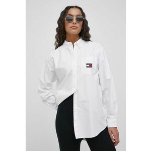Bavlnená košeľa Tommy Jeans dámska, biela farba, voľný strih, s klasickým golierom vyobraziť
