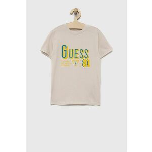 Detské bavlnené tričko Guess béžová farba, s potlačou vyobraziť