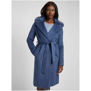 Modrý dámsky vlnený kabát na zaväzovanie s límcom z umelého kožúšku Guess vyobraziť
