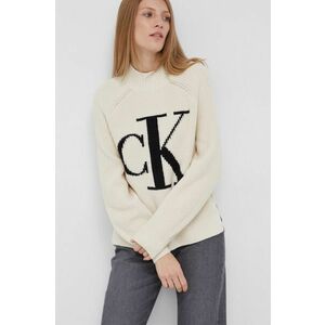 Sveter s prímesou vlny Calvin Klein Jeans dámsky, krémová farba, ľahký, s polorolákom vyobraziť
