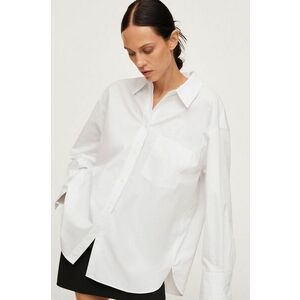 Bavlnená košeľa Mango dámska, biela farba, voľný strih, s klasickým golierom vyobraziť