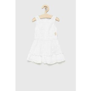 Dievčenské bavlnené šaty Guess biela farba, mini, áčkový strih vyobraziť
