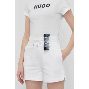 Bavlnené šortky Hugo dámske, biela farba, jednofarebné, vysoký pás vyobraziť