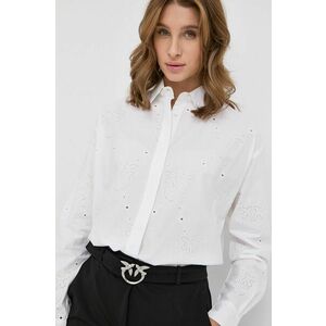Bavlnená košeľa Pinko dámska, biela farba, voľný strih, s klasickým golierom vyobraziť