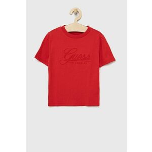 Detské bavlnené tričko Guess červená farba, s nášivkou vyobraziť