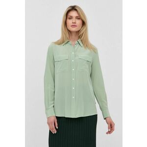 Hodvábna košeľa BOSS dámska, zelená farba, regular, s klasickým golierom vyobraziť