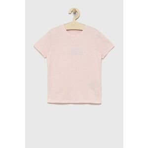 Detské bavlnené tričko Guess ružová farba, s nášivkou vyobraziť