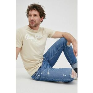 Tričko Pepe Jeans Original Stretch N pánske, béžová farba, s potlačou vyobraziť