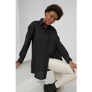 Ľanová košeľa Answear Lab dámska, čierna farba, voľný strih, s klasickým golierom vyobraziť