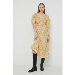 Bavlnené šaty Notes du Nord žltá farba, midi, áčkový strih vyobraziť