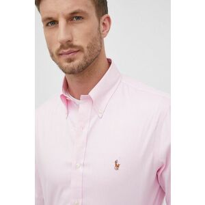 Bavlnená košeľa Polo Ralph Lauren pánska, ružová farba, slim, s golierom button-down vyobraziť
