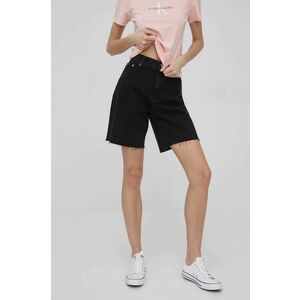 Rifľové krátke nohavice Calvin Klein Jeans dámske, čierna farba, jednofarebné, vysoký pás vyobraziť