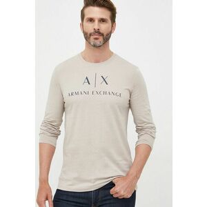 Bavlnené tričko s dlhým rukávom Armani Exchange béžová farba, s potlačou vyobraziť