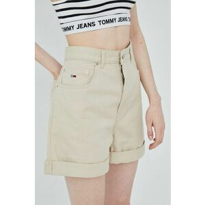Rifľové krátke nohavice Tommy Jeans dámske, béžová farba, jednofarebné, vysoký pás vyobraziť