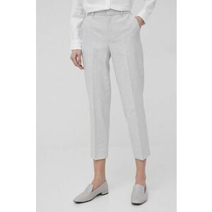 Ľanové nohavice Drykorn dámske, šedá farba, rovné, stredne vysoký pás vyobraziť