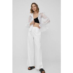 Ľanové nohavice Calvin Klein dámske, biela farba, rovné, vysoký pás vyobraziť