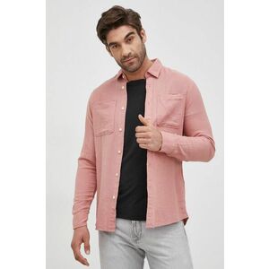 Košeľa s prímesou ľanu Selected Homme pánska, ružová farba, slim, s klasickým golierom vyobraziť