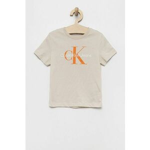 Detské bavlnené tričko Calvin Klein Jeans béžová farba, s potlačou vyobraziť