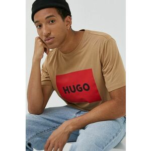 Bavlnené tričko HUGO hnedá farba, s potlačou vyobraziť