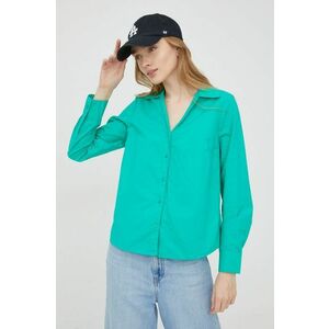 Bavlnená košeľa Pieces dámska, zelená farba, regular, s klasickým golierom vyobraziť