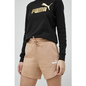 Šortky Puma Essentials dámske, béžová farba, jednofarebné, vysoký pás vyobraziť