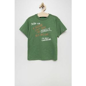 Detské bavlnené tričko United Colors of Benetton zelená farba, s potlačou vyobraziť