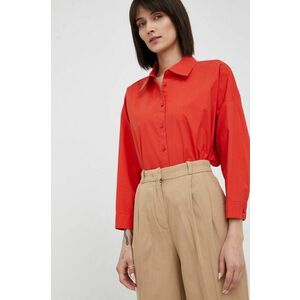 Bavlnená košeľa Sisley dámska, červená farba, voľný strih, s klasickým golierom vyobraziť