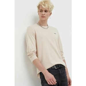 Bavlnené tričko s dlhým rukávom HUGO béžová farba, jednofarebný vyobraziť
