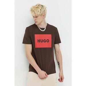 Bavlnené tričko HUGO hnedá farba, s potlačou vyobraziť