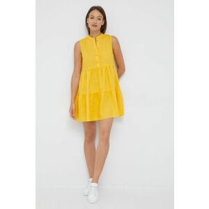 Ľanové šaty Sisley žltá farba, mini, áčkový strih vyobraziť