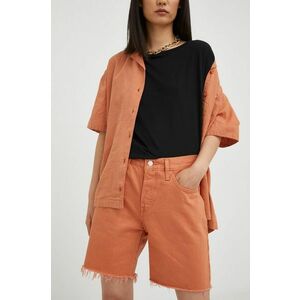 Rifľové krátke nohavice Levi's dámske, oranžová farba, jednofarebné, vysoký pás vyobraziť