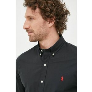 Košeľa Polo Ralph Lauren pánska, čierna farba, slim, s golierom button-down vyobraziť