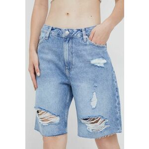 Rifľové krátke nohavice Calvin Klein Jeans dámske, s nášivkou, vysoký pás vyobraziť