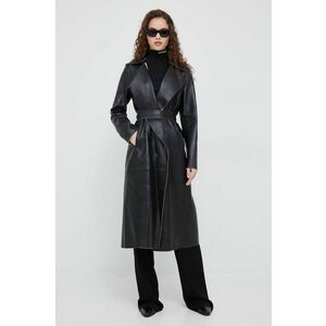 Kožený kabát Calvin Klein dámsky, čierna farba, prechodný, bez zapínania vyobraziť