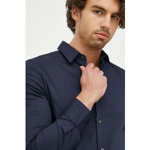 Košeľa Sisley pánska, tmavomodrá farba, slim, s klasickým golierom vyobraziť